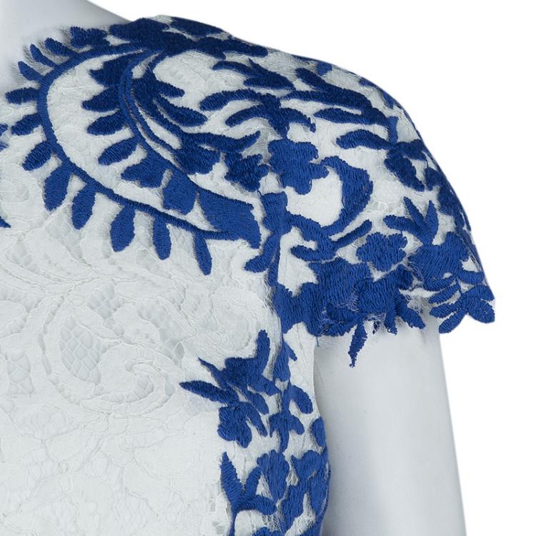 Pre Owned Tadashi Shoji White and Blue Embroidered Floral Lace Midi Dress M