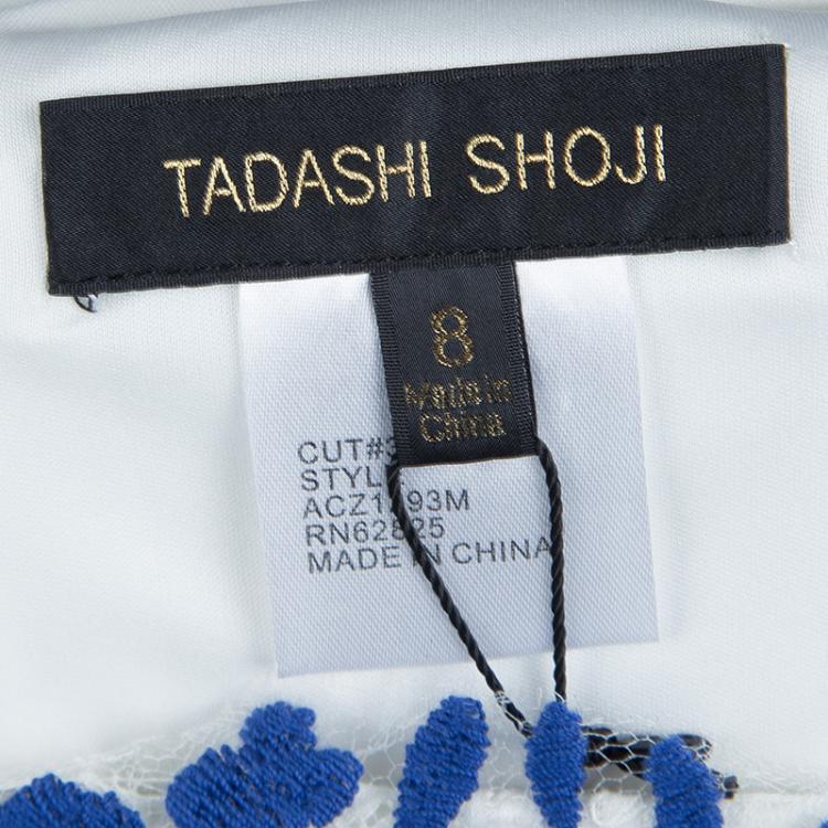 Pre Owned Tadashi Shoji White and Blue Embroidered Floral Lace Midi Dress M
