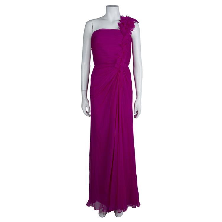 Pre Owned Tadashi Shoji Pink Crinkled Chiffon Ruched Embellished Strapless Gown  M