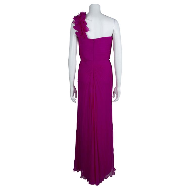 Pre Owned Tadashi Shoji Pink Crinkled Chiffon Ruched Embellished Strapless Gown  M