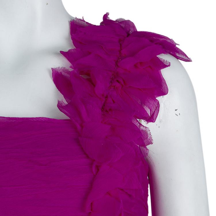 Pre Owned Tadashi Shoji Pink Crinkled Chiffon Ruched Embellished Strapless Gown  M