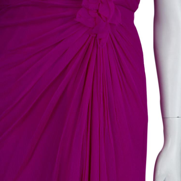 Pre Owned Tadashi Shoji Pink Crinkled Chiffon Ruched Embellished Strapless Gown  M