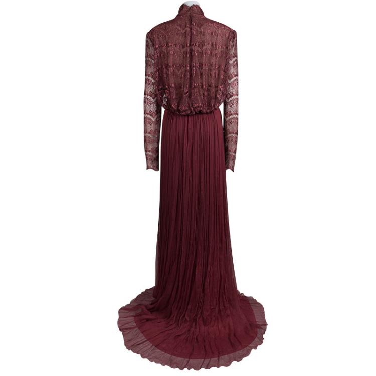 Pre Owned Tadashi Shoji Burgundy Lace Chiffon Gown XXL