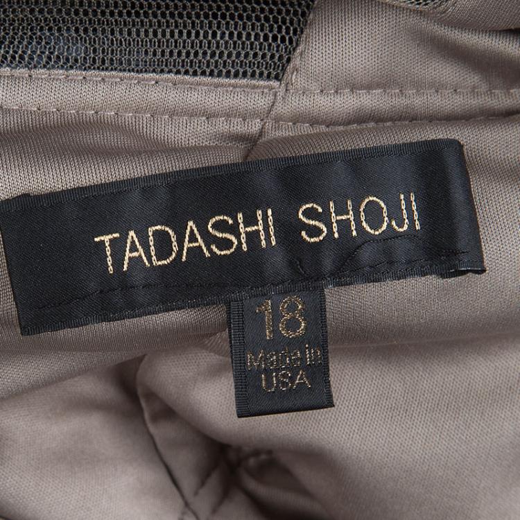 Pre Owned Tadashi Shoji Pleated Lace Grey Black Gown XXL