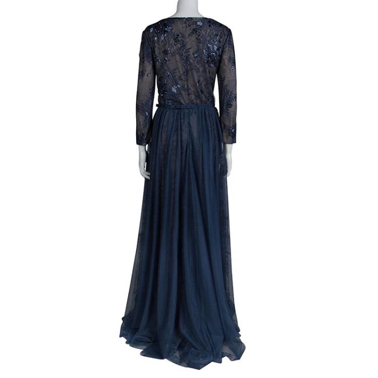 Pre Owned Tadashi Shoji Navy Blue Lace Embellished Dress XXL