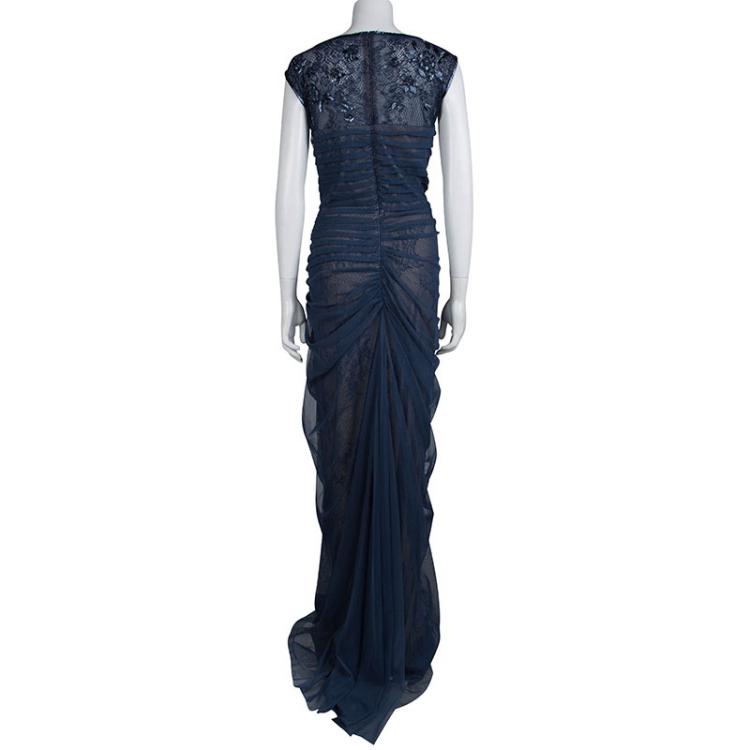 Pre Owned Tadashi Shoji Navy Blue Lace Tulle Gown XL