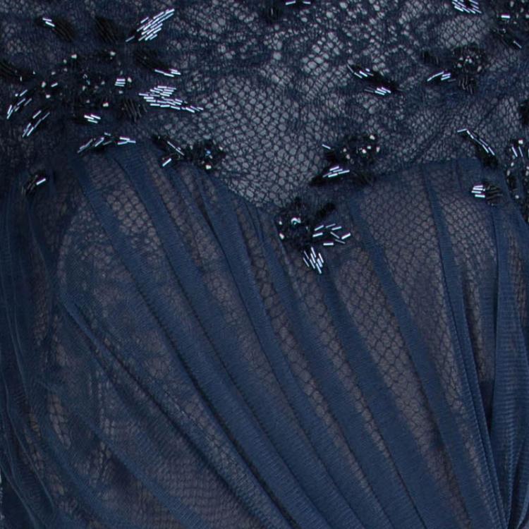 Pre Owned Tadashi Shoji Navy Blue Lace Tulle Gown XL