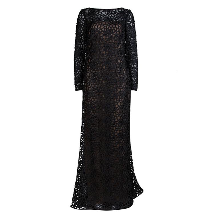 Pre Owned Tadashi Shoji Black Macrame Lace Gown XS