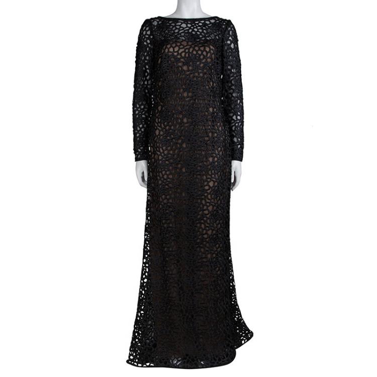 Pre Owned Tadashi Shoji Black Macrame Lace Gown XS