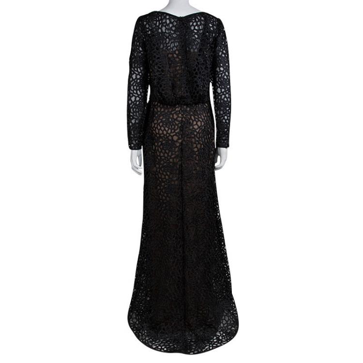 Pre Owned Tadashi Shoji Black Macrame Lace Gown XS