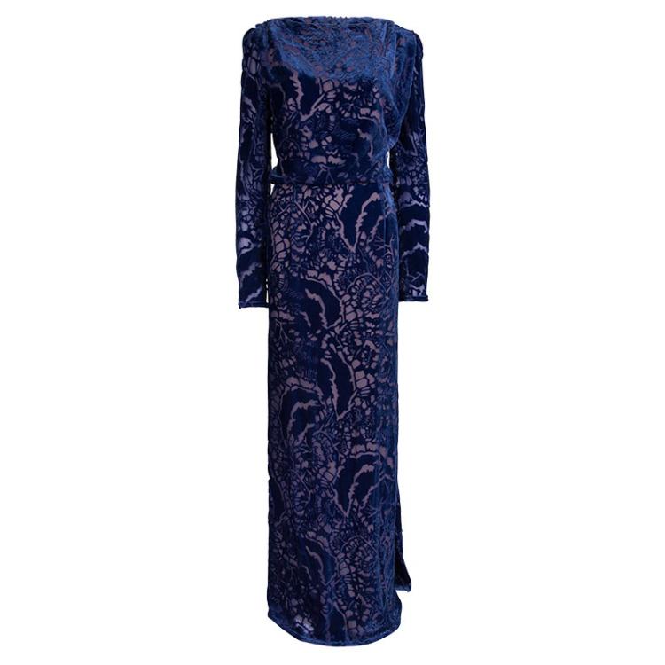 Pre Owned Tadashi Shoji Blue Devore Full Sleeve Gown L