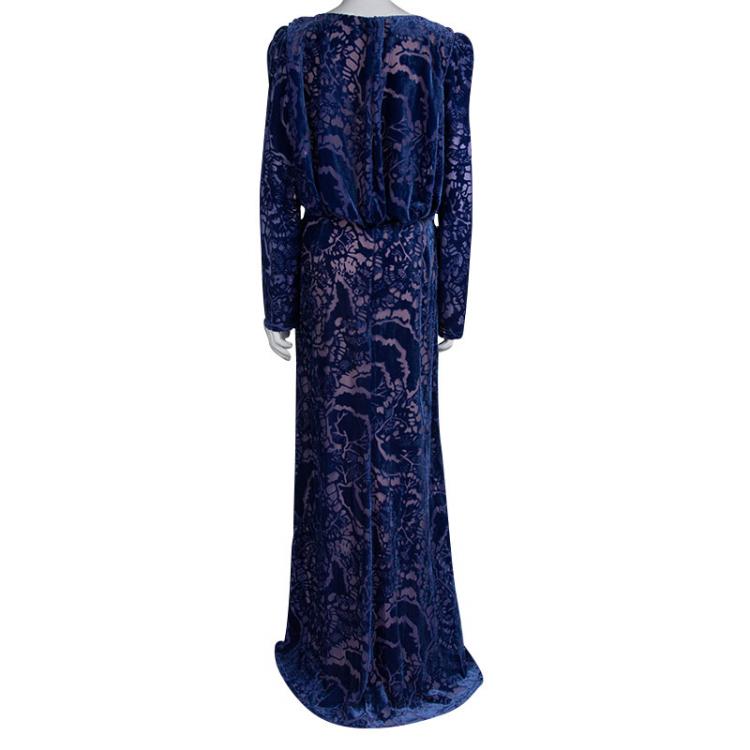 Pre Owned Tadashi Shoji Blue Devore Full Sleeve Gown L