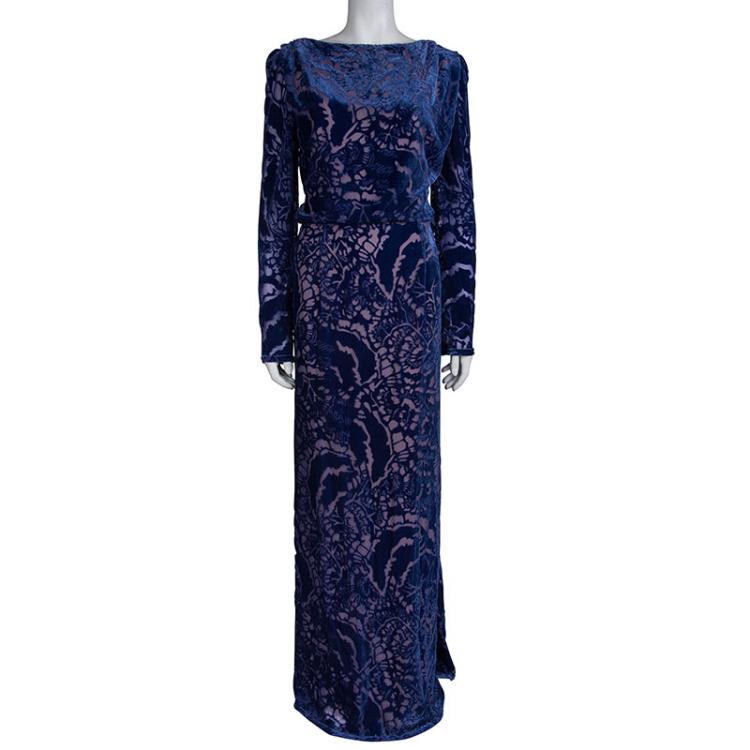 Pre Owned Tadashi Shoji Blue Devore Full Sleeve Gown S