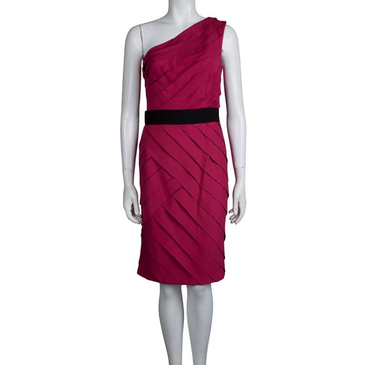 Pre Owned Tadashi Shoji Pink Ruffled Belted One Shoulder Dress S