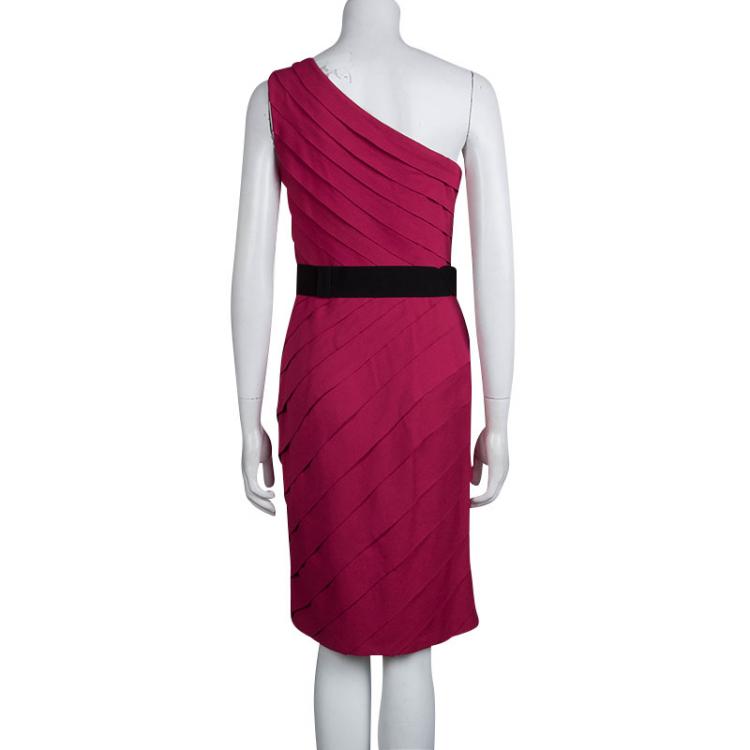 Pre Owned Tadashi Shoji Pink Ruffled Belted One Shoulder Dress S