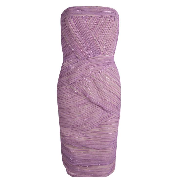 Pre Owned Tadashi Shoji Lavender Sequin Embellished Ruched Strapless Dress M