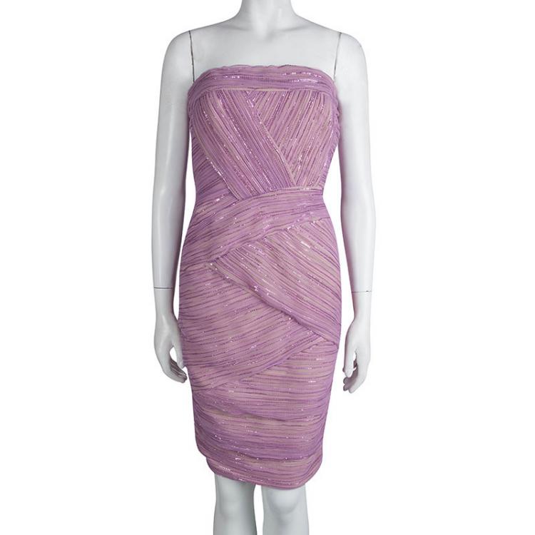 Pre Owned Tadashi Shoji Lavender Sequin Embellished Ruched Strapless Dress M