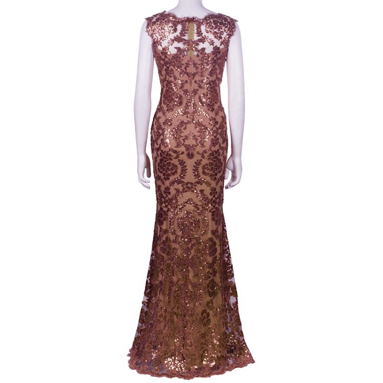 Pre Owned Tadashi Shoji Mocha Embellished Lace Gown S
