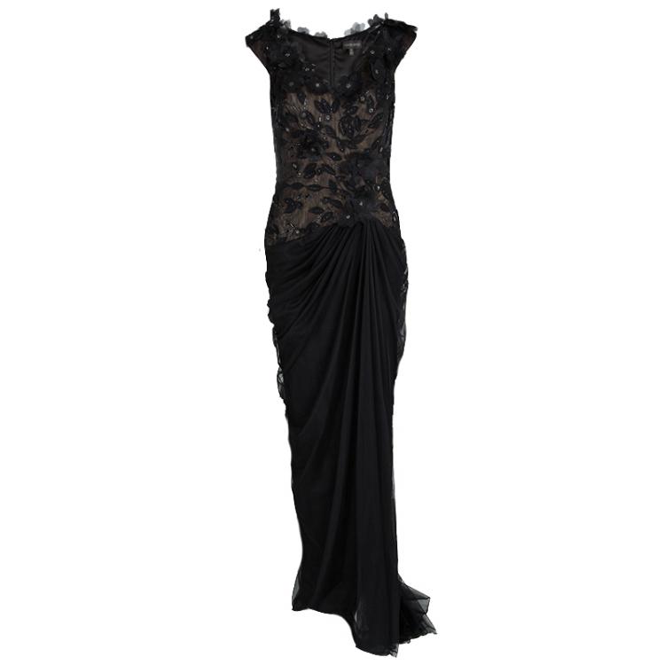 Pre Owned Tadashi Shoji Black Floral Applique Detail Embellished Draped Gown M