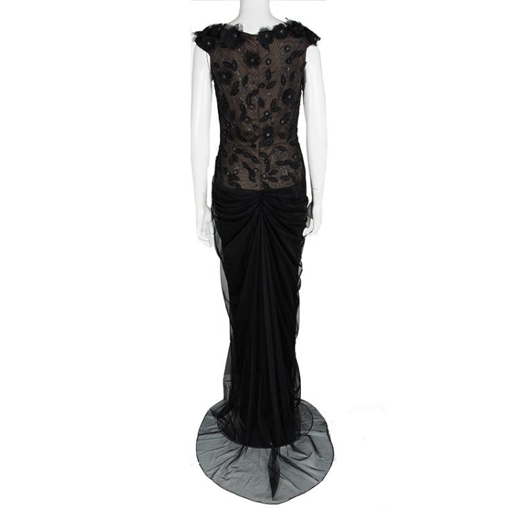 Pre Owned Tadashi Shoji Black Floral Applique Detail Embellished Draped Gown M