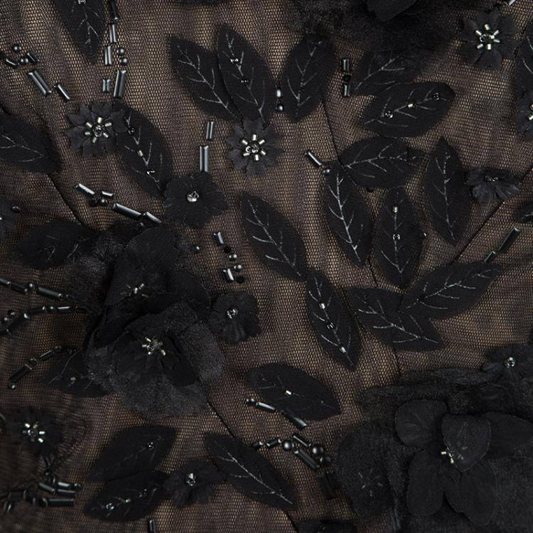 Pre Owned Tadashi Shoji Black Floral Applique Detail Embellished Draped Gown M
