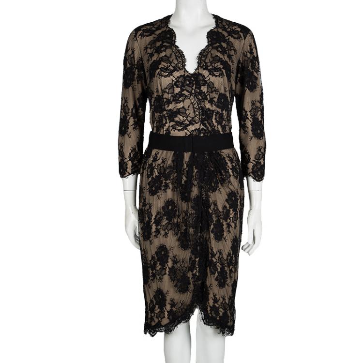 Pre Owned Tadashi Shoji Black and Beige Scallop Lace Belted Dress M