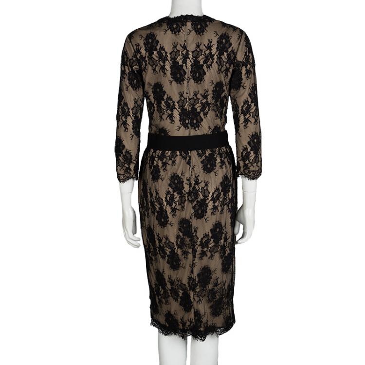 Pre Owned Tadashi Shoji Black and Beige Scallop Lace Belted Dress M