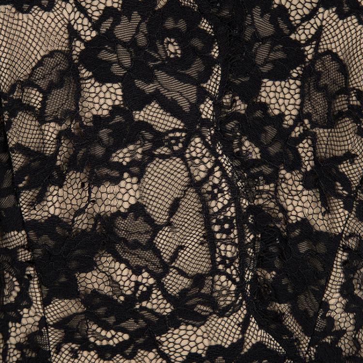Pre Owned Tadashi Shoji Black and Beige Scallop Lace Belted Dress M