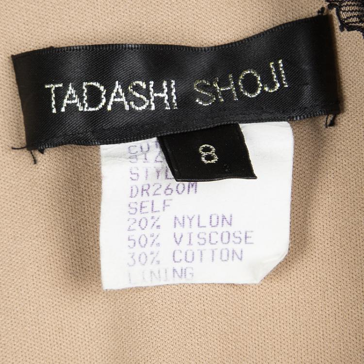 Pre Owned Tadashi Shoji Black and Beige Scallop Lace Belted Dress M