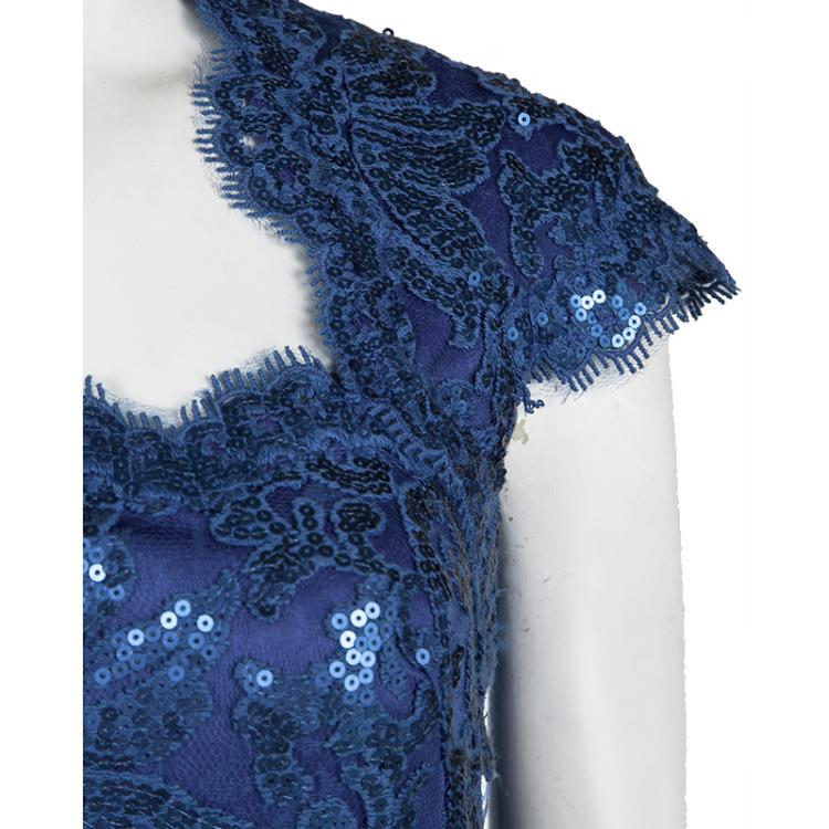 Pre Owned Tadashi Shoji Navy Blue Sequined Lace Square Neck Gown S