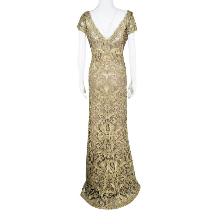 Pre Owned Tadashi Shoji Gold Corded Embroidery Detail Tulle Gown XL