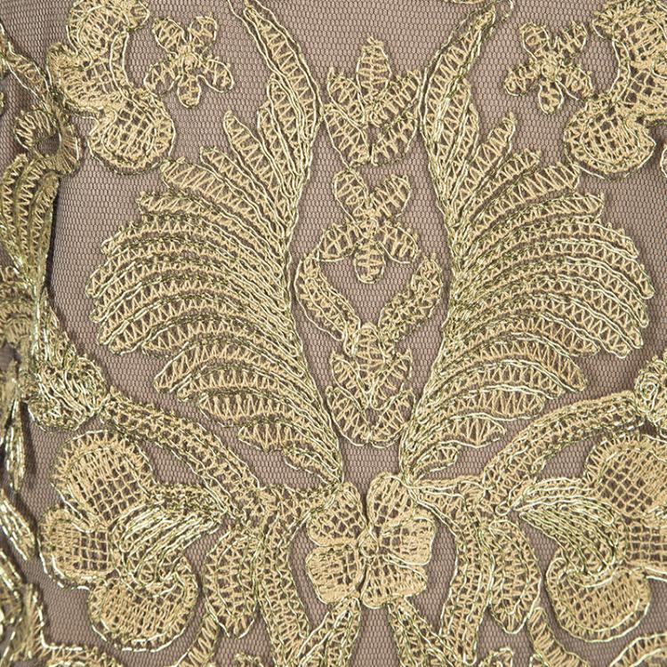 Pre Owned Tadashi Shoji Gold Corded Embroidery Detail Tulle Gown XL