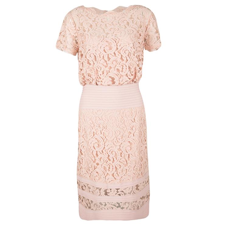 Pre Owned Tadashi Shoji Peach Blouson Waist Embroidered Lace Dress XL