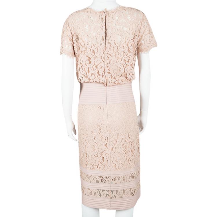 Pre Owned Tadashi Shoji Peach Blouson Waist Embroidered Lace Dress XL