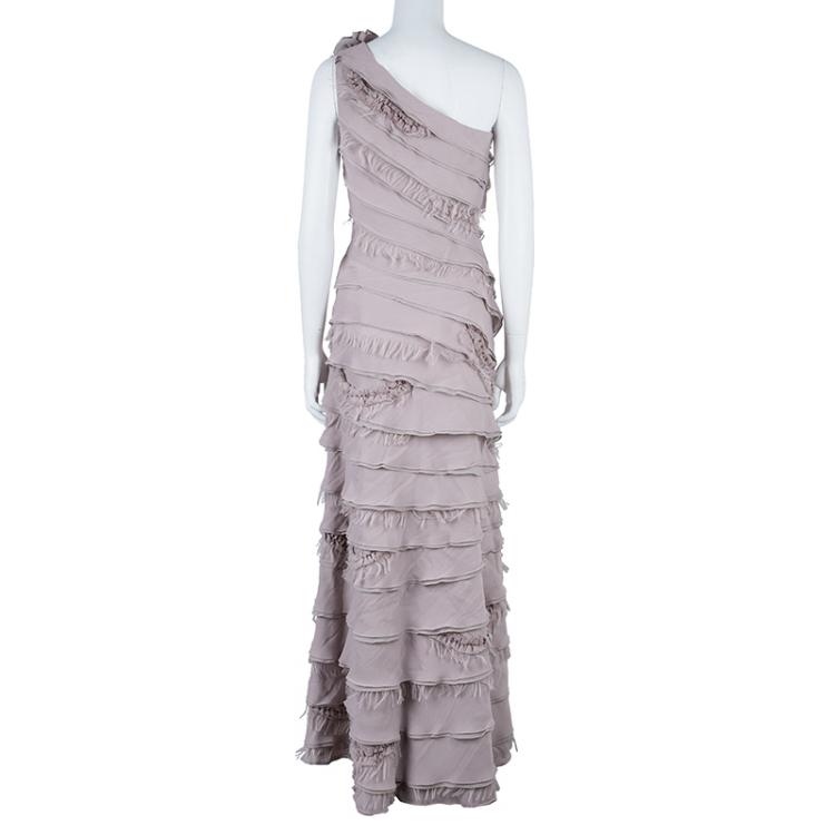 مملوكة مسبقًا Tadashi Shoji Gray Tiered One-Shoulder Organza Dress M