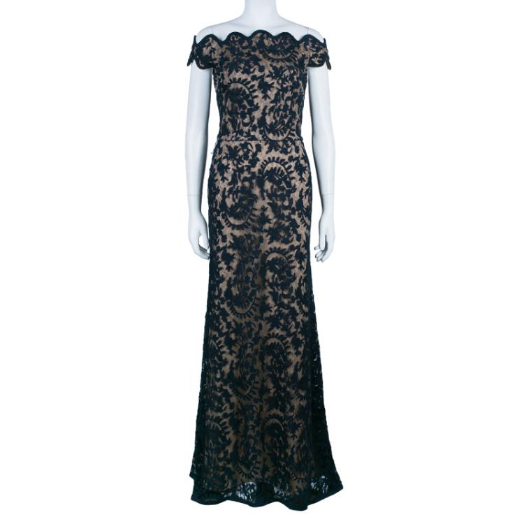 Pre Owned Tadashi Shoji Black and Beige Scalloped Gown M