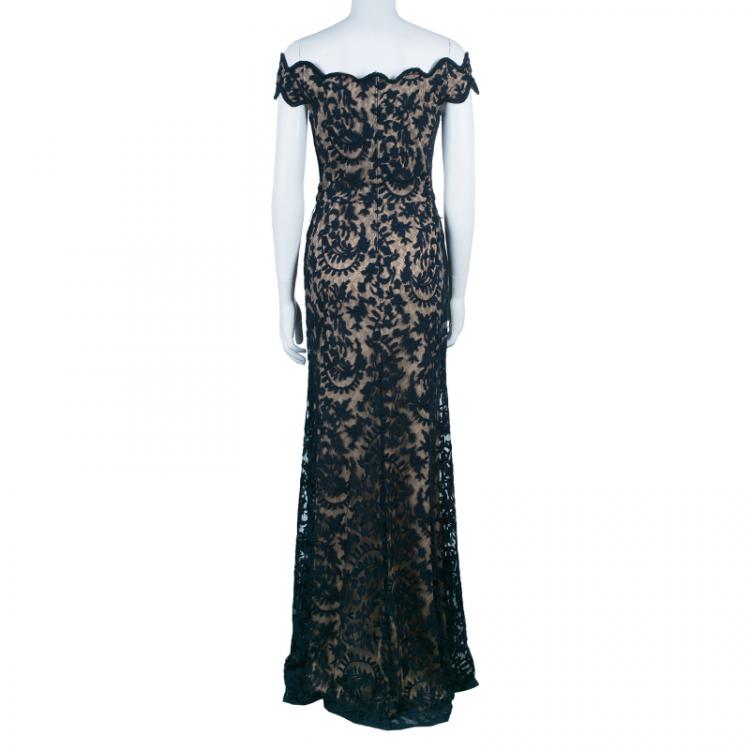Pre Owned Tadashi Shoji Black and Beige Scalloped Gown M
