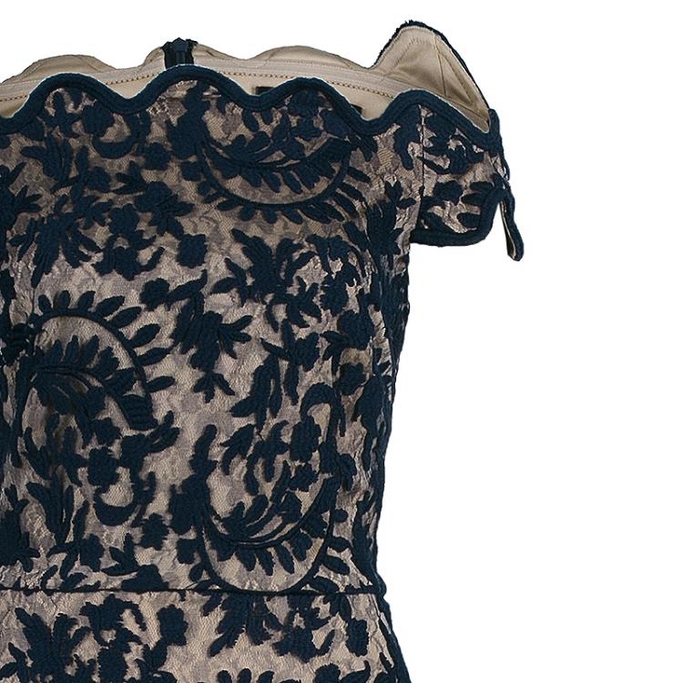 Pre Owned Tadashi Shoji Black and Beige Scalloped Gown M