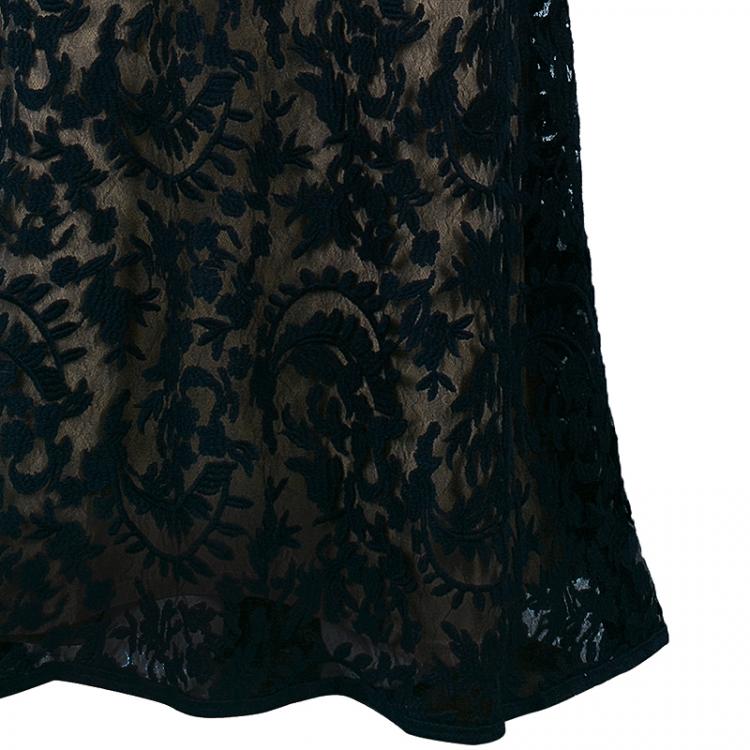 Pre Owned Tadashi Shoji Black and Beige Scalloped Gown M