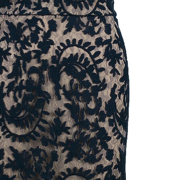 Pre Owned Tadashi Shoji Black and Beige Scalloped Gown M