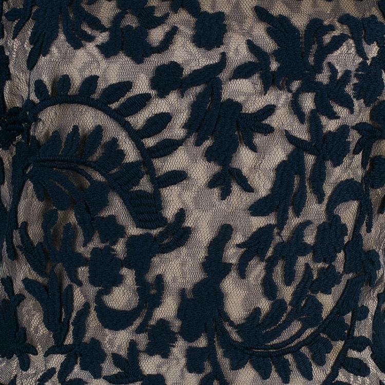 Pre Owned Tadashi Shoji Black and Beige Scalloped Gown M