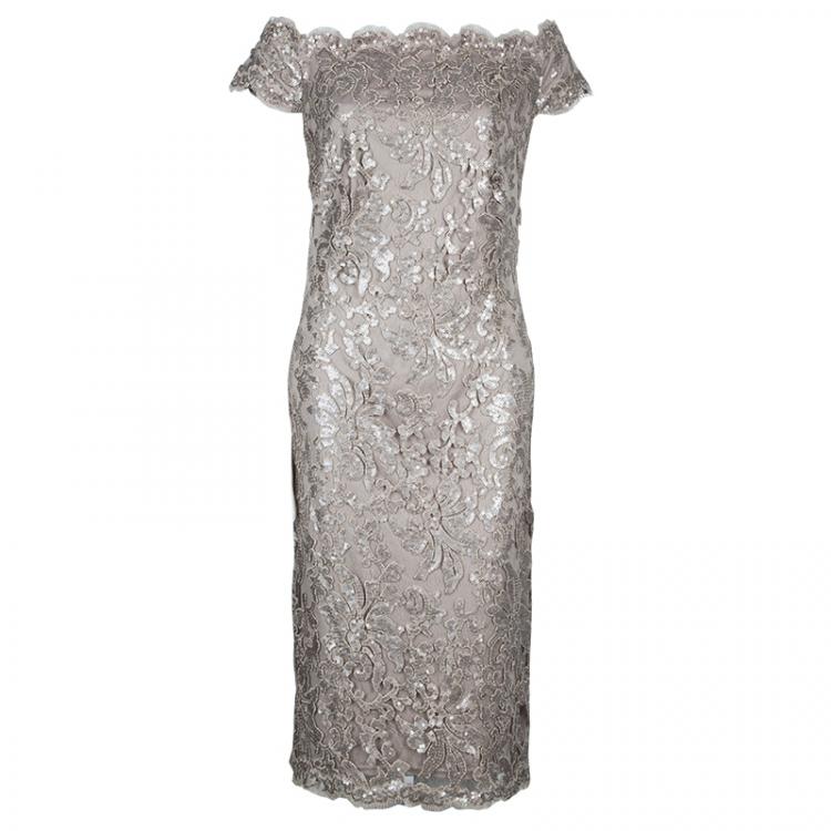 Pre Owned Tadashi Shoji Beige Sequin Off-Shoulder Dress XL