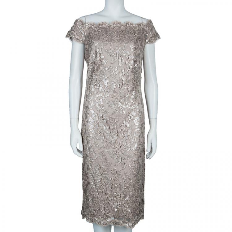 Pre Owned Tadashi Shoji Beige Sequin Off-Shoulder Dress XL