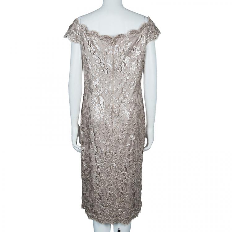 Pre Owned Tadashi Shoji Beige Sequin Off-Shoulder Dress XL