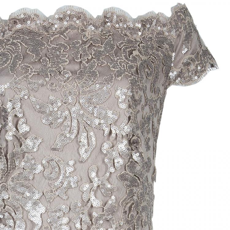 Pre Owned Tadashi Shoji Beige Sequin Off-Shoulder Dress XL
