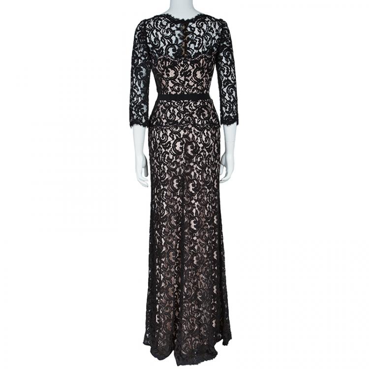 Pre Owned Tadashi Shoji Black Nude Lace Long Sleeve Gown S