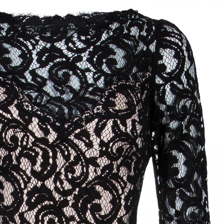 Pre Owned Tadashi Shoji Black Nude Lace Long Sleeve Gown S