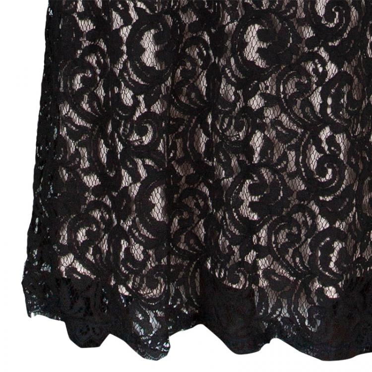 Pre Owned Tadashi Shoji Black Nude Lace Long Sleeve Gown S