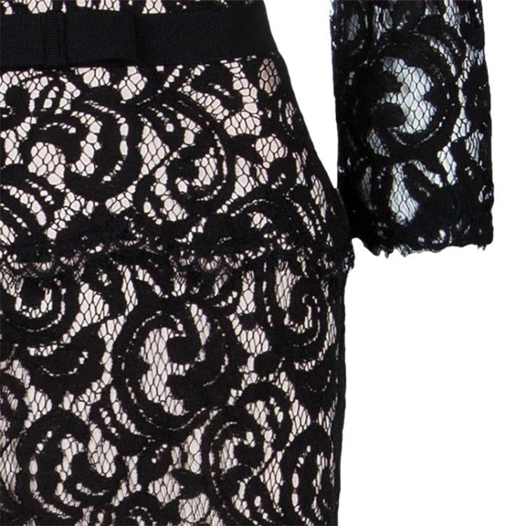 Pre Owned Tadashi Shoji Black Nude Lace Long Sleeve Gown S