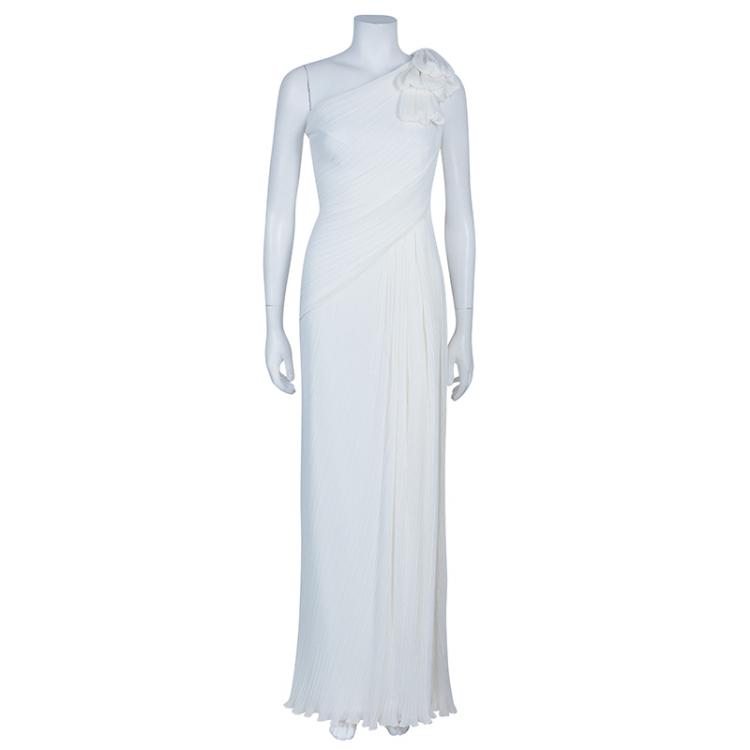 Pre Owned Tadashi Shoji White Pleated One Shoulder Gown M